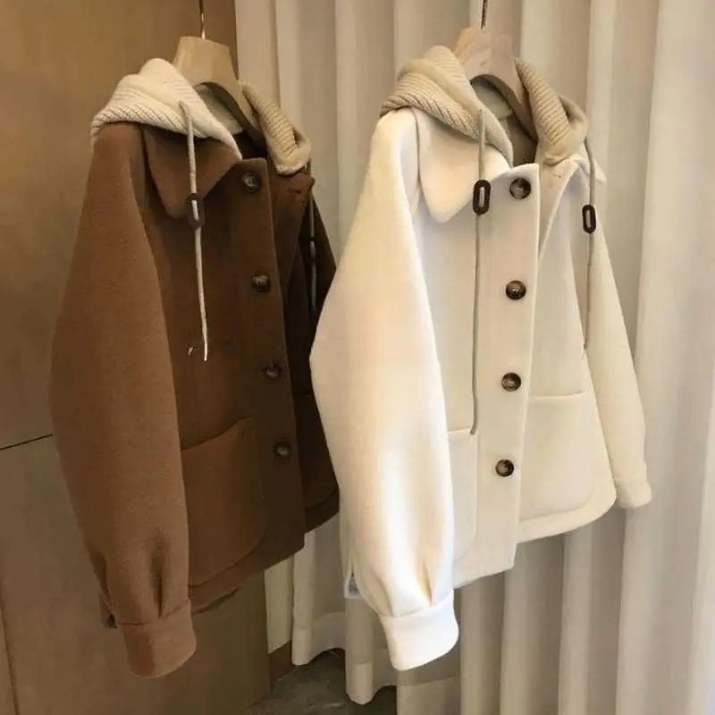 Women's Hooded Woolen-Look Patchwork Coat