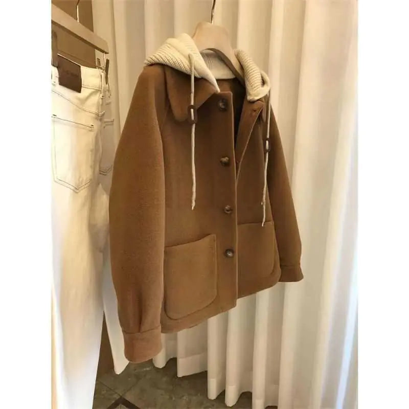 Women's Hooded Woolen-Look Patchwork Coat