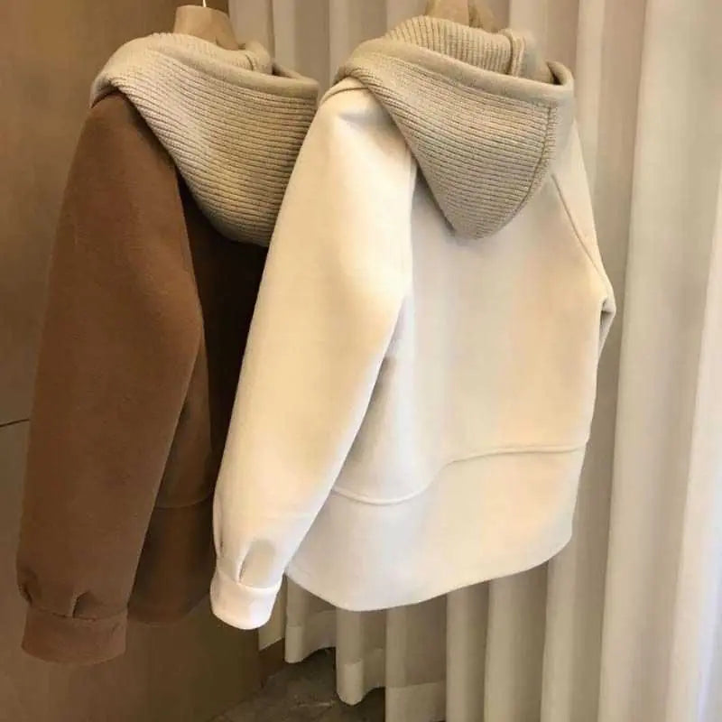 Women's Hooded Woolen-Look Patchwork Coat