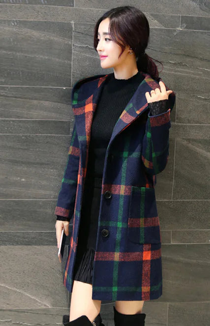 Plaid Hooded Wool Coat