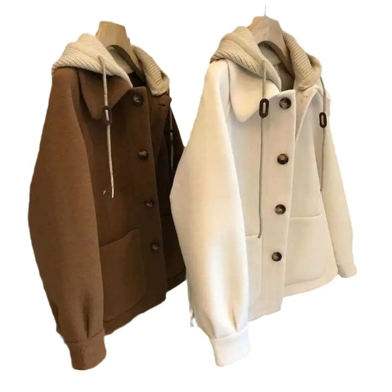 Women's Hooded Woolen-Look Patchwork Coat