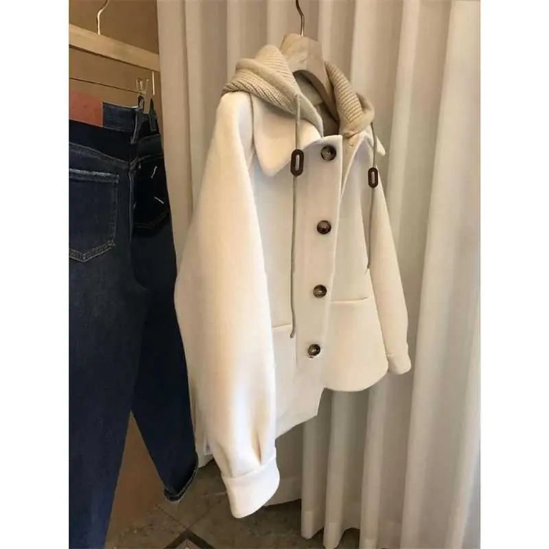 Women's Hooded Woolen-Look Patchwork Coat