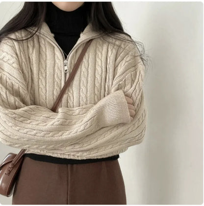 Retro Cable-Knit Zipper Pullover