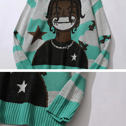 Harajuku vintage cartoon anime knitted sweater men winter oversized