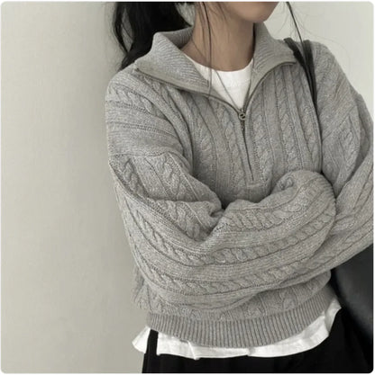 Retro Cable-Knit Zipper Pullover