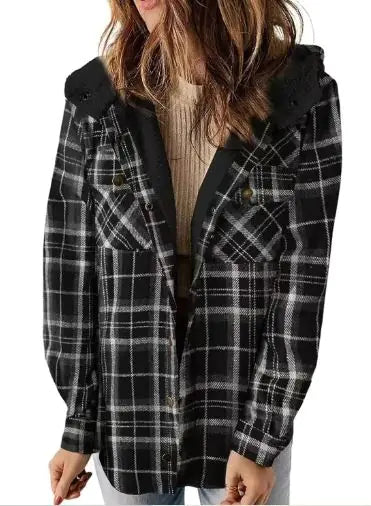 Casual Plaid Hooded Woolen Coat