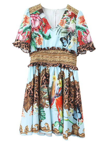Printed Slim V-neck Dress