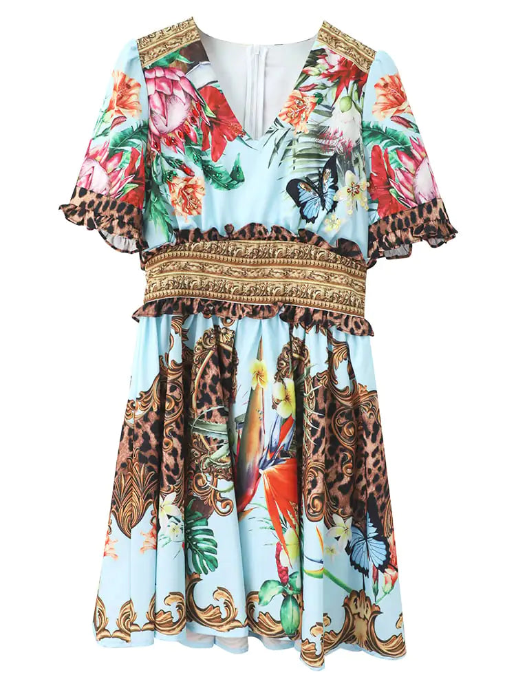 Printed Slim V-neck Dress