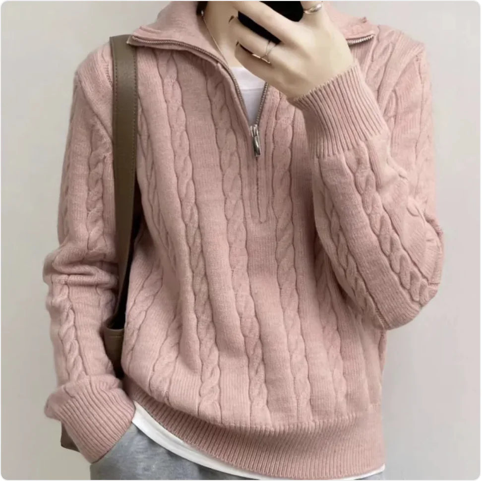 Retro Cable-Knit Zipper Pullover
