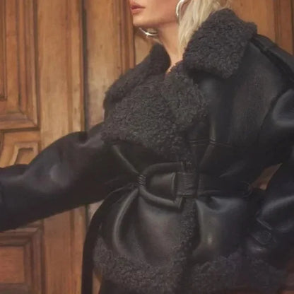 Faux Leather Belted Fur Jacket