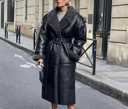 Faux Leather Belted Fur Jacket